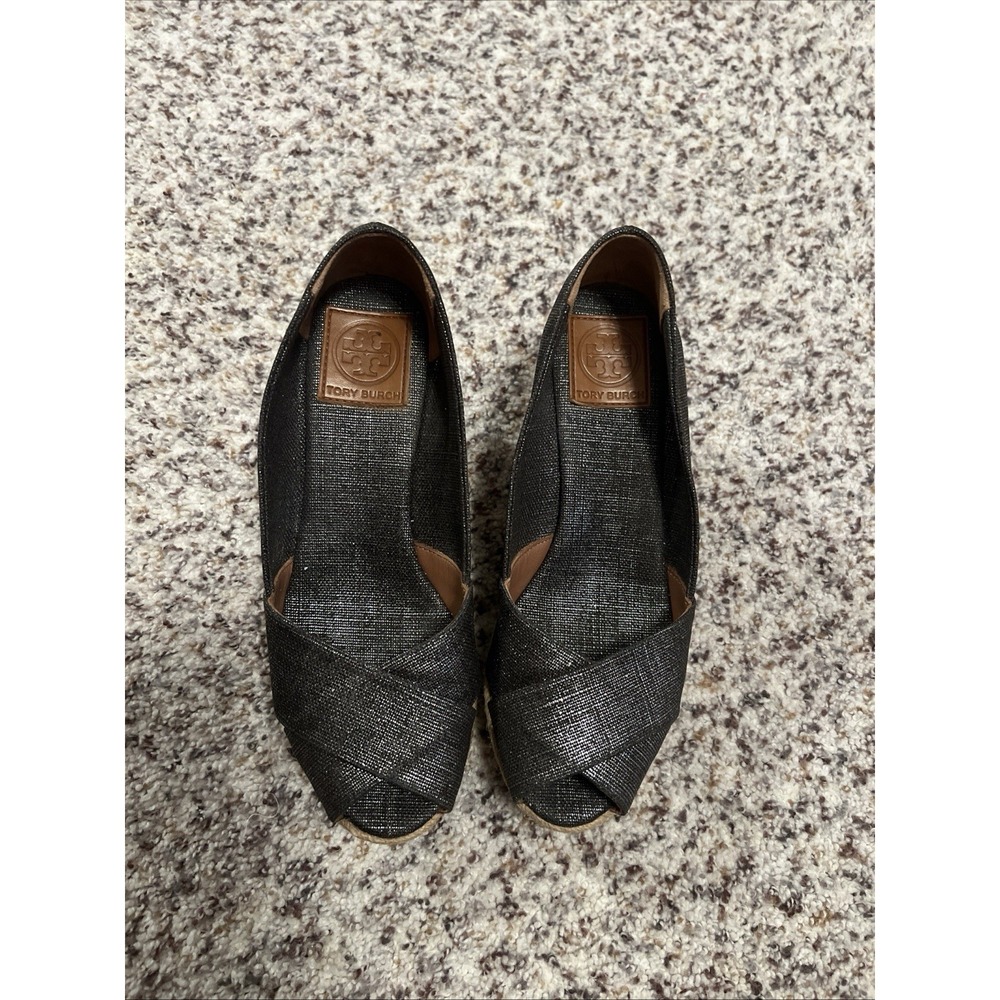 Tory Burch Filipe Espadrille Wedge Sandals Metallic Gray Size 9B 3" High